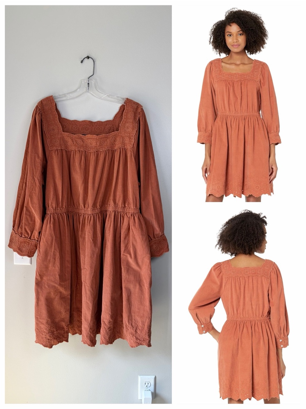 Madewell Dusty Orange Embroidered Corduroy Square-Neck Mini Dress Fall Farmhouse